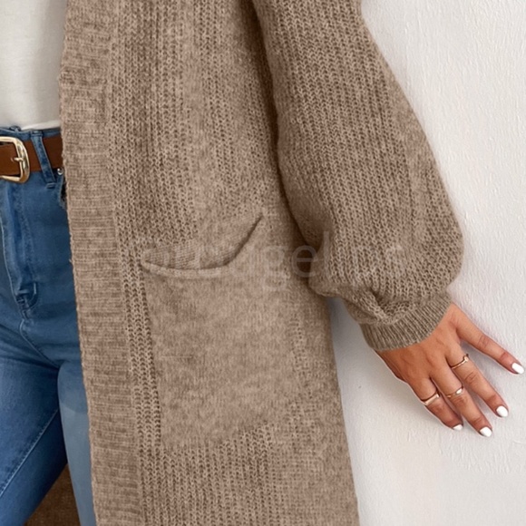 Brown Duster Cardigan Front Pockets Cable Knit Long Sleeve Midi Length - Picture 6 of 8